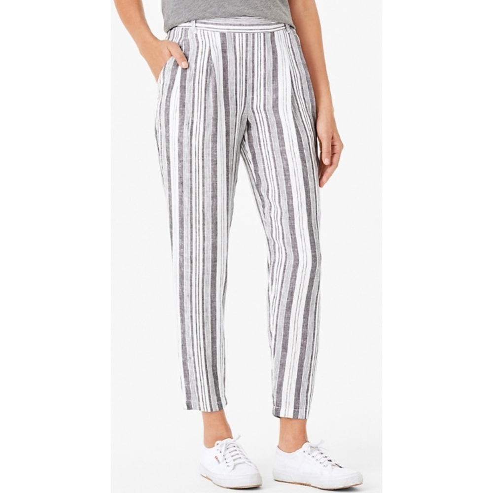 GARNET HILL Linen Gray White Stripe Straight Leg Pants